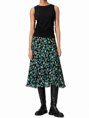 Laura Ashley Silk A-Line Skirt - Teal and Black Floral